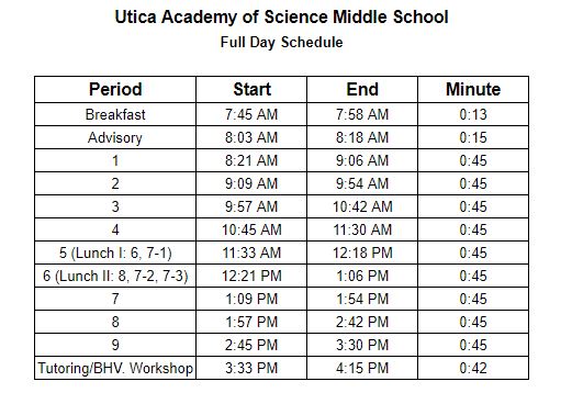 Utica Academy of Science Middle School Bell Schedule 2019 - 2020